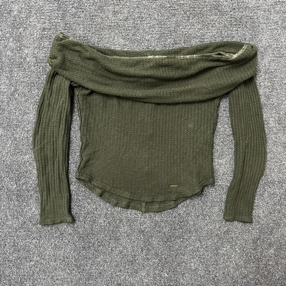 Hollister Shirt Womens XS Green Off Shoulder Ribbed Long Sleeve Crop Top Thermal